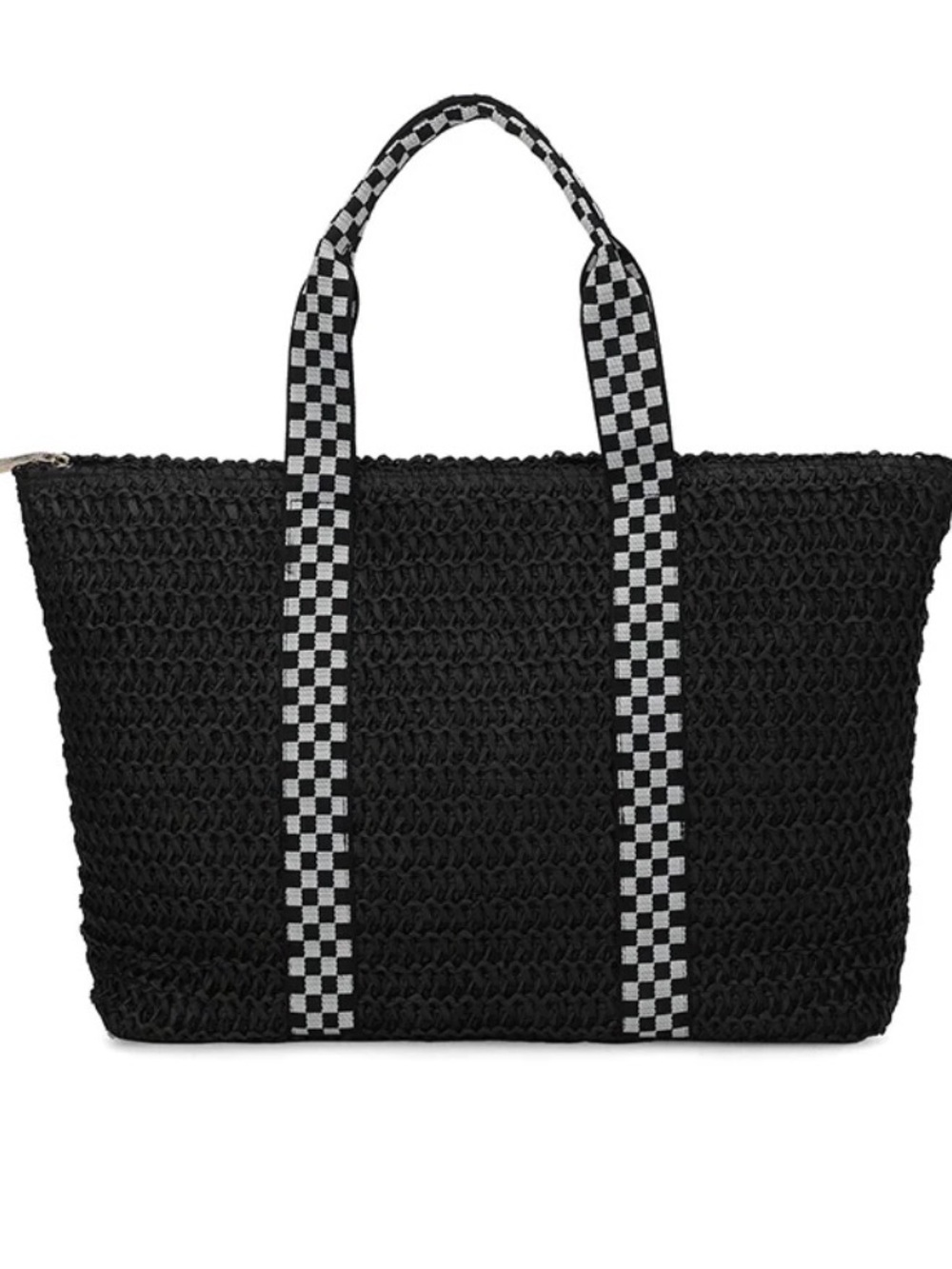 Vintage Havana Black Woven Tote with Checkerboard Straps